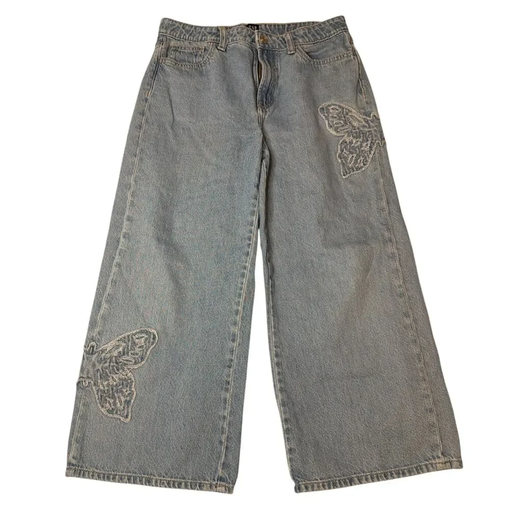 Gap Kids Butterfly Patch Wide Leg Jeans Y2K Denim Boho Aesthetic Sz Kids 12 Plus